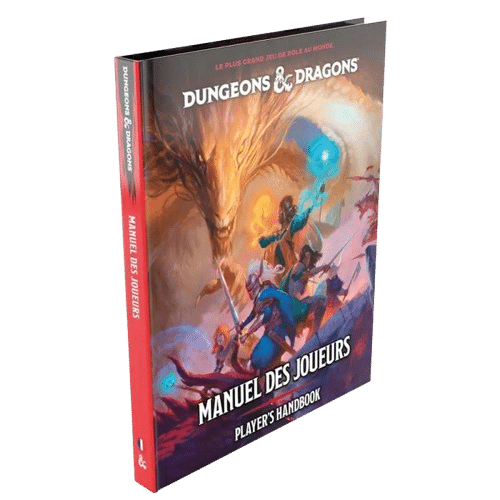 Couverture du Manuel des Joueurs Dungeons & Dragons (français). Un dragon doré menaçant surplombe des aventuriers combattants.