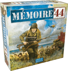 Boîte de jeu Mémoire '44. Illustration de soldats américains chargeant sur la plage lors du Débarquement D-Day 1944. Days of Wonder.