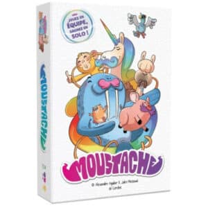 Jeu Moustache: boîte illustrée d'un morse et d'une licorne colorée avec la devise "Jouez en équipe, gagnez en solo!".