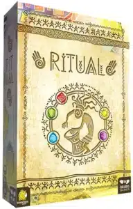 Couverture du jeu RITUAL sur fond parchemin. Un chaman joue du tambour, entouré d'une roue de gemmes et de motifs tribaux.