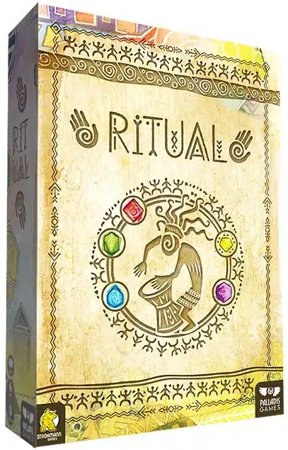 Couverture du jeu RITUAL sur fond parchemin. Un chaman joue du tambour, entouré d'une roue de gemmes et de motifs tribaux.