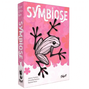 Jeu SYMBIOSES (2-4 joueurs, 15 min, 8+). Boîte rose vif avec une grenouille stylisée noire et blanche sur un fond floral.