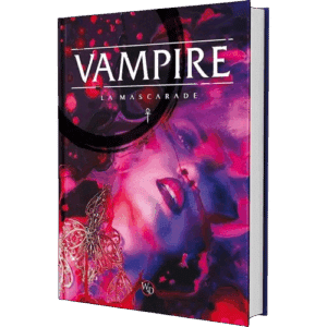Couverture Vampire La Mascarade. Visage féminin abstrait, tons magenta et violet. Bijoux gothiques et ankh. Livre de JDR.