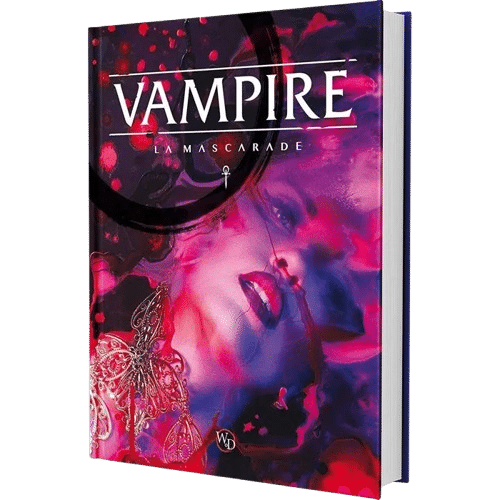 Couverture Vampire La Mascarade. Visage féminin abstrait, tons magenta et violet. Bijoux gothiques et ankh. Livre de JDR.
