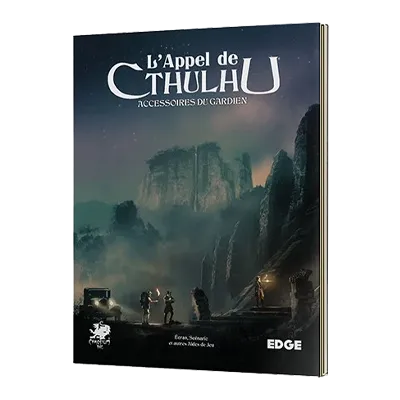 Boîte L'Appel de Cthulhu : Accessoires du Gardien, explorateurs nocturnes face à une montagne sous la brume.