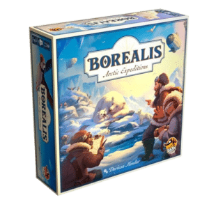 Borealis Arctic Expeditions : jeu de société avec explorateurs observant ours polaires et phoques sur la banquise.