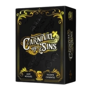 Boîte du jeu Carnival of Sins par Tranjis Games, illustrations élégantes dorées sur fond noir.