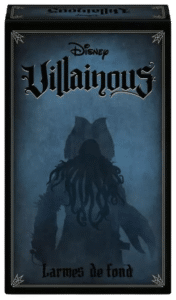 Boîte du jeu Disney Villainous Larmes de Fond avec la silhouette sombre de Davy Jones sur fond bleu texturé.