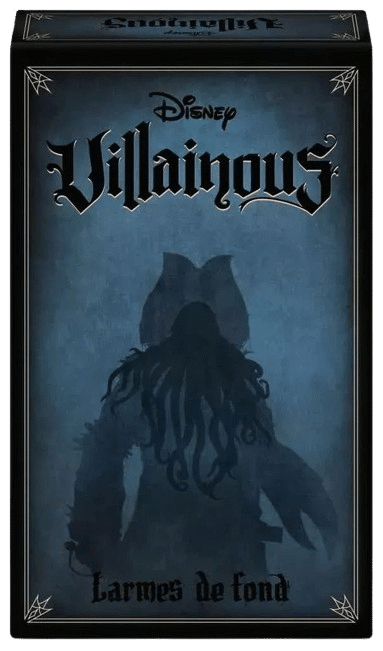 Boîte du jeu Disney Villainous Larmes de Fond avec la silhouette sombre de Davy Jones sur fond bleu texturé.