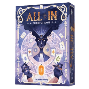 Jeu All In Predictions de Phil Walker-Harding : illustration mystique d'une voyante entourée de cartes et symboles.