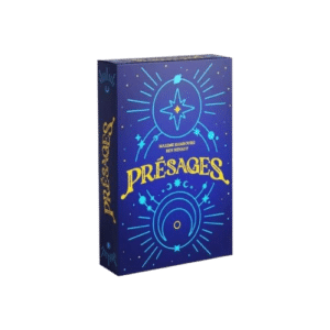 Jeu de société Présages, boîte bleue aux motifs célestes jaunes et étoiles, de Maxime Rambourg et Ben Renault.