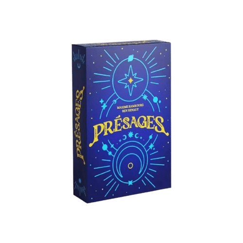Jeu de société Présages, boîte bleue aux motifs célestes jaunes et étoiles, de Maxime Rambourg et Ben Renault.