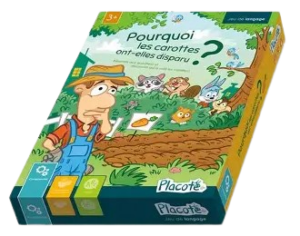 Boîte du jeu Placote 'Pourquoi les carottes ont-elles disparu ?' montrant un fermier perplexe et des animaux cachés.