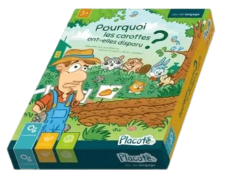 Boîte du jeu Placote 'Pourquoi les carottes ont-elles disparu ?' montrant un fermier perplexe et des animaux cachés.