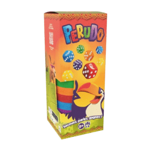 Boîte du jeu Perudo illustrée avec dés, gobelets colorés et toucan. Texte : Secouez, pariez, gagnez !