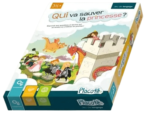 Jeu de langage Placote 'Qui va sauver la princesse ?' avec chevaliers et dragons devant un château.