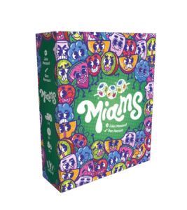 Boîte du jeu de société Miams par Jules Messaud, illustrée de fruits cartoon colorés et expressifs sur fond vert.