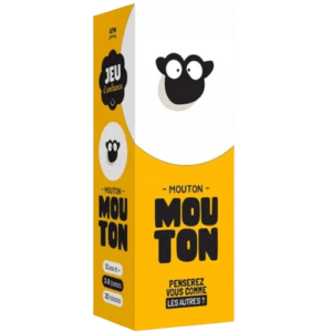 Jeu d'ambiance Mouton Mouton : Penserez-vous comme les autres ? Boîte jaune et blanche avec logo de tête de mouton noir.