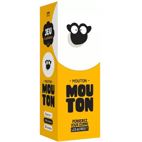 Jeu d'ambiance Mouton Mouton : Penserez-vous comme les autres ? Boîte jaune et blanche avec logo de tête de mouton noir.