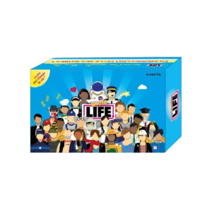 Boîte du jeu Smile Life avec personnages de métiers variés sur fond bleu. Texte : Le jeu qui change la vie !