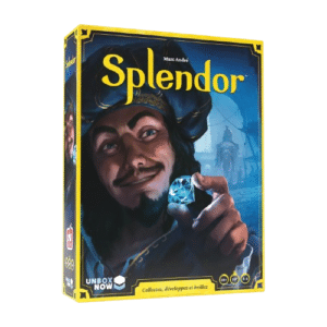 Boîte du jeu Splendor de Marc André : un marchand admire un diamant bleu. Collectez, développez et brillez.