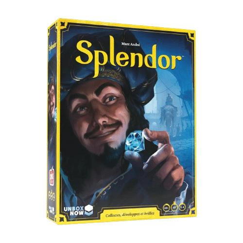 Boîte du jeu Splendor de Marc André : un marchand admire un diamant bleu. Collectez, développez et brillez.