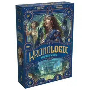 Jeu Kronologic Babylon 2500, illustration art déco futuriste avec personnages et cité de science-fiction dorée.