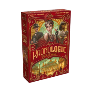 Jeu de société Kronologic Paris 1920 avec personnages de l'époque Art Déco devant l'Opéra Garnier sur fond rouge.