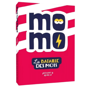 Jeu Momo La Bataille des Mots d'Antoine.G et Remy.W. Boîte rose et bleue avec illustrations d'yeux et d'un éclair.