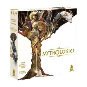 Boîte du jeu de société Mythologies par Super Meeple avec illustrations de divinités formant un arbre fantastique.