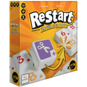 Boîte du jeu ReStart : Une tuile et ça repart ! avec tuiles blanches et violettes sur un fond orange dynamique.