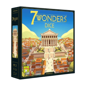 Boîte du jeu 7 Wonders Dice par Antoine Bauza, illustration d'un temple antique surplombant une cité sous un ciel bleu.