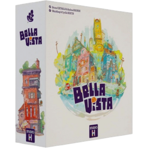 Boîte du jeu Bella Vista par Studio H, arborant une illustration aquarelle onirique de maisons colorées et fantaisistes.