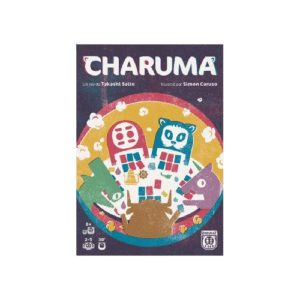 Boîte du jeu de société Charuma de Takashi Saito : cinq créatures colorées jouent aux cartes autour d'une table ronde.