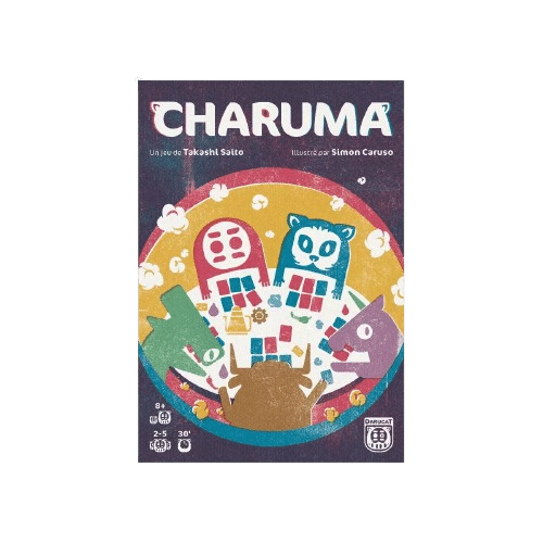 Boîte du jeu de société Charuma de Takashi Saito : cinq créatures colorées jouent aux cartes autour d'une table ronde.