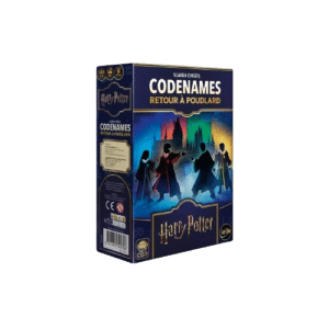 Jeu Codenames Harry Potter : Retour à Poudlard. Boîte bleue avec silhouettes de sorciers devant le château de Poudlard.