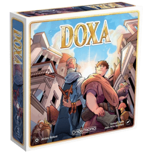 Boîte du jeu de société Doxa : érudits grecs devant des temples, thématique de stratégie antique par Nostromo Editions.