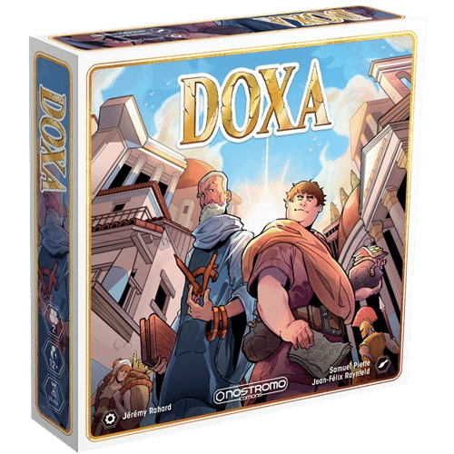 Boîte du jeu de société Doxa : érudits grecs devant des temples, thématique de stratégie antique par Nostromo Editions.