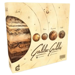 Boîte du jeu Galileo Galilei illustrant Jupiter et ses lunes sur un parchemin, Frosted Games et Pink Troubadour.