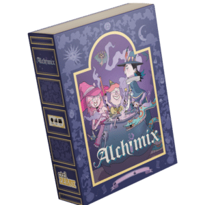 Jeu de société Alchimix : trois alchimistes autour d'un chaudron magique, boîte illustrée en forme de grimoire.