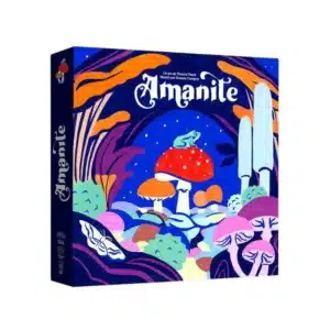 Boîte du jeu Amanite de Thanos Vasof : illustration colorée d'une forêt de champignons avec une grenouille et un papillon.