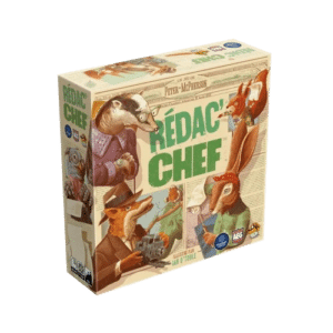 Boîte du jeu de société Rédac' Chef : animaux journalistes, style rétro, illustré par Ian O'Toole pour Flatout Games.