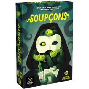 Boîte du jeu de société Soupçons : illustration d'un masque blanc entouré de serpents verts mystérieux.