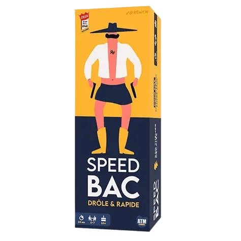 Jeu Speed Bac Drôle & Rapide de ATM Gaming, boîte avec illustration de cowboy stylisé sur fond jaune et bleu.