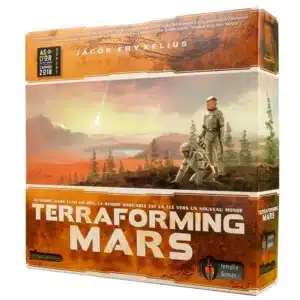 Boîte du jeu Terraforming Mars avec deux astronautes reboisant la planète rouge. Jeu de stratégie expert Intrafin.