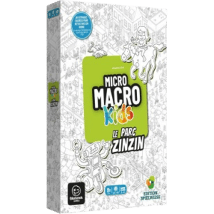 Jeu Micro Macro Kids : Le Parc Zinzin, boîte de jeu de détective et d'observation avec illustrations en noir et blanc.