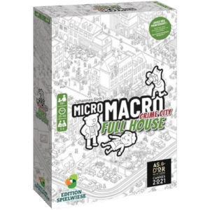Jeu de société MicroMacro Crime City Full House, illustration d'enquête policière en noir et blanc, As d'Or 2021.