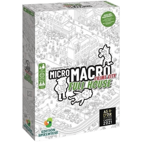 Jeu de société MicroMacro Crime City Full House, illustration d'enquête policière en noir et blanc, As d'Or 2021.