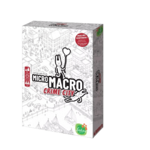 Boîte du jeu MicroMacro Crime City de Johannes Sich, illustration en noir et blanc d'une ville remplie d'enquêtes.