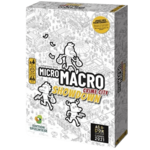MicroMacro Crime City Showdown : boîte de jeu d'enquête avec ville détaillée en noir et blanc et bandits anthropomorphes.